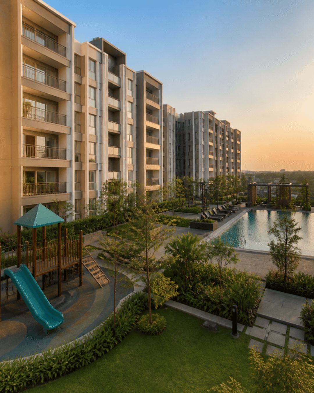Apartment and flat project marketing in Hyderabad: mid-rise community with landscaped courtyard