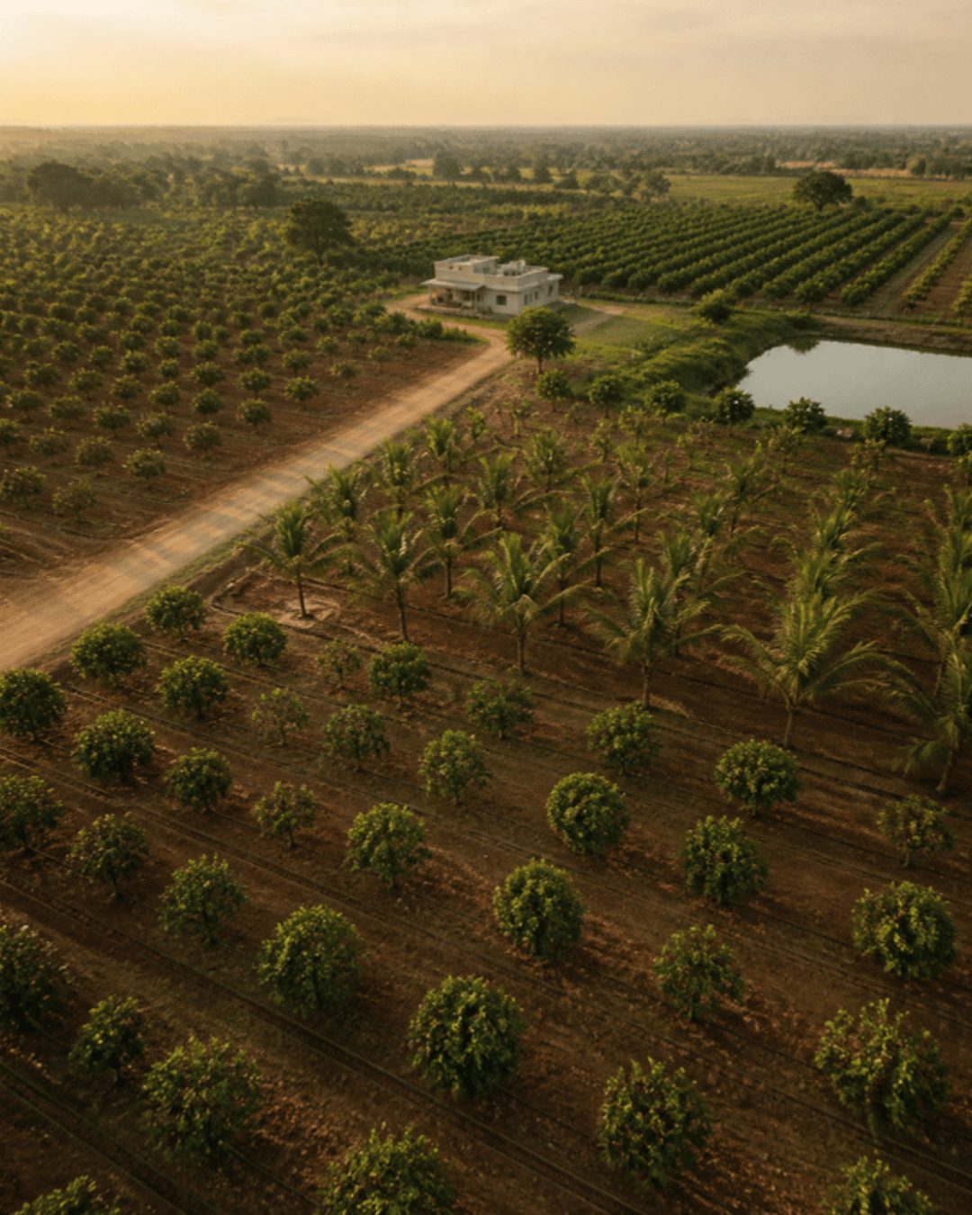 Farmland and agricultural land marketing in Hyderabad: managed farm plots with mango trees and a farmhouse