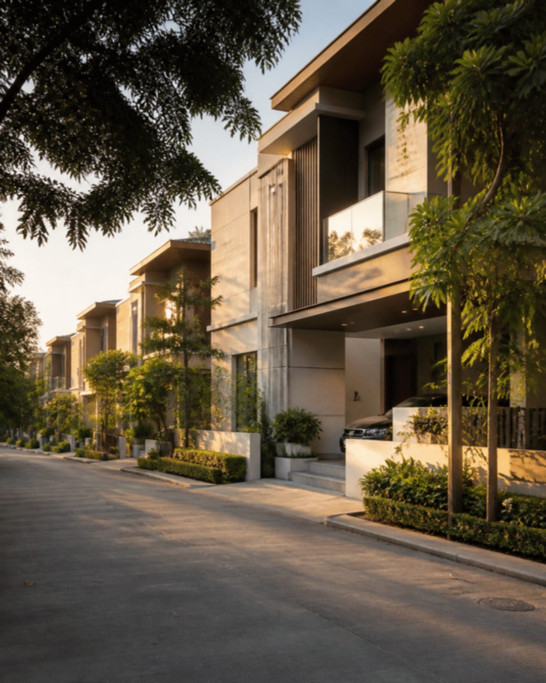 Independent house and duplex marketing in Hyderabad: row of duplex villas on a tree-lined street
