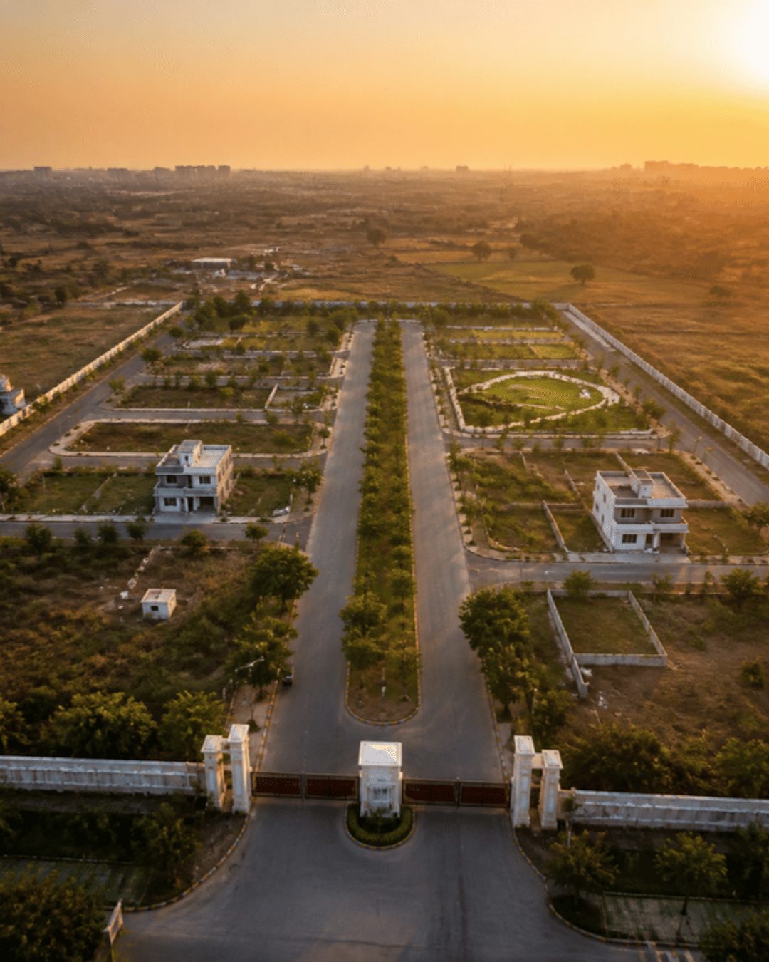 Open plots and gated layout marketing in Hyderabad: aerial of a gated venture with compound wall and avenues