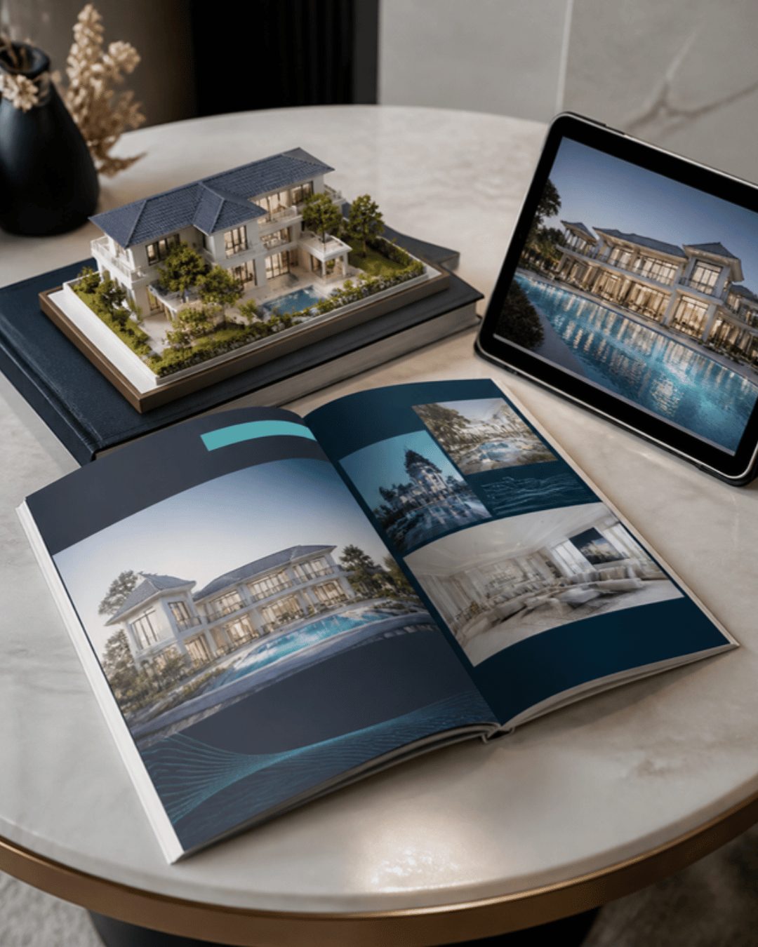 Real estate branding, brochure and 3D creative: printed brochure and villa render for a Hyderabad project