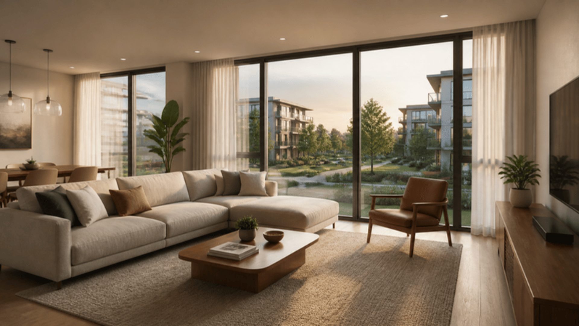 3D walkthrough render of an apartment interior created as real estate branding creative