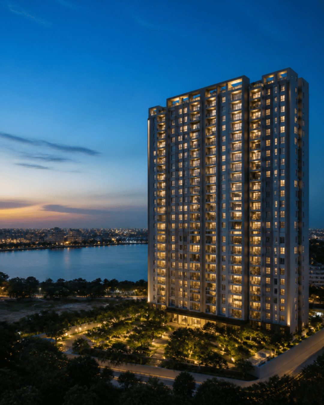Real estate digital marketing services Hyderabad: high-rise apartment project at dusk ready for launch