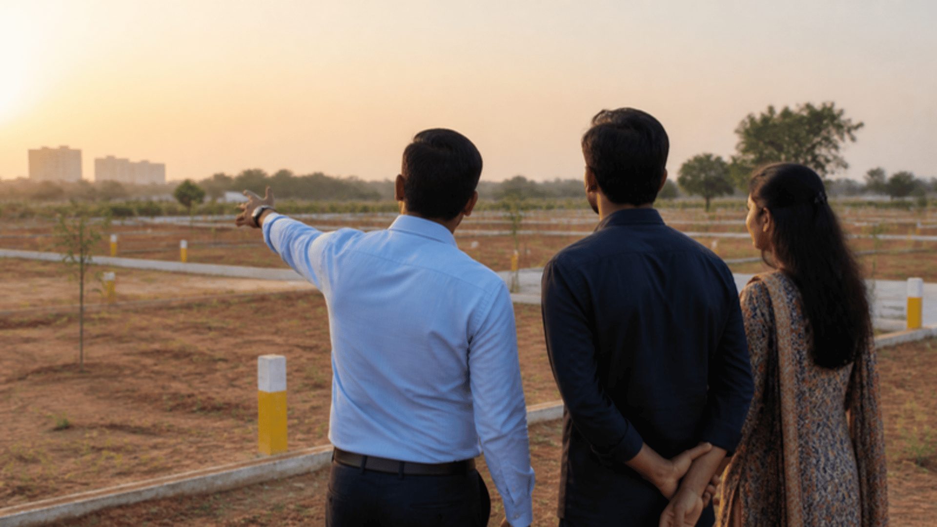 Sales executive walking a buyer through a plotted layout, the outcome of real estate lead generation in Hyderabad