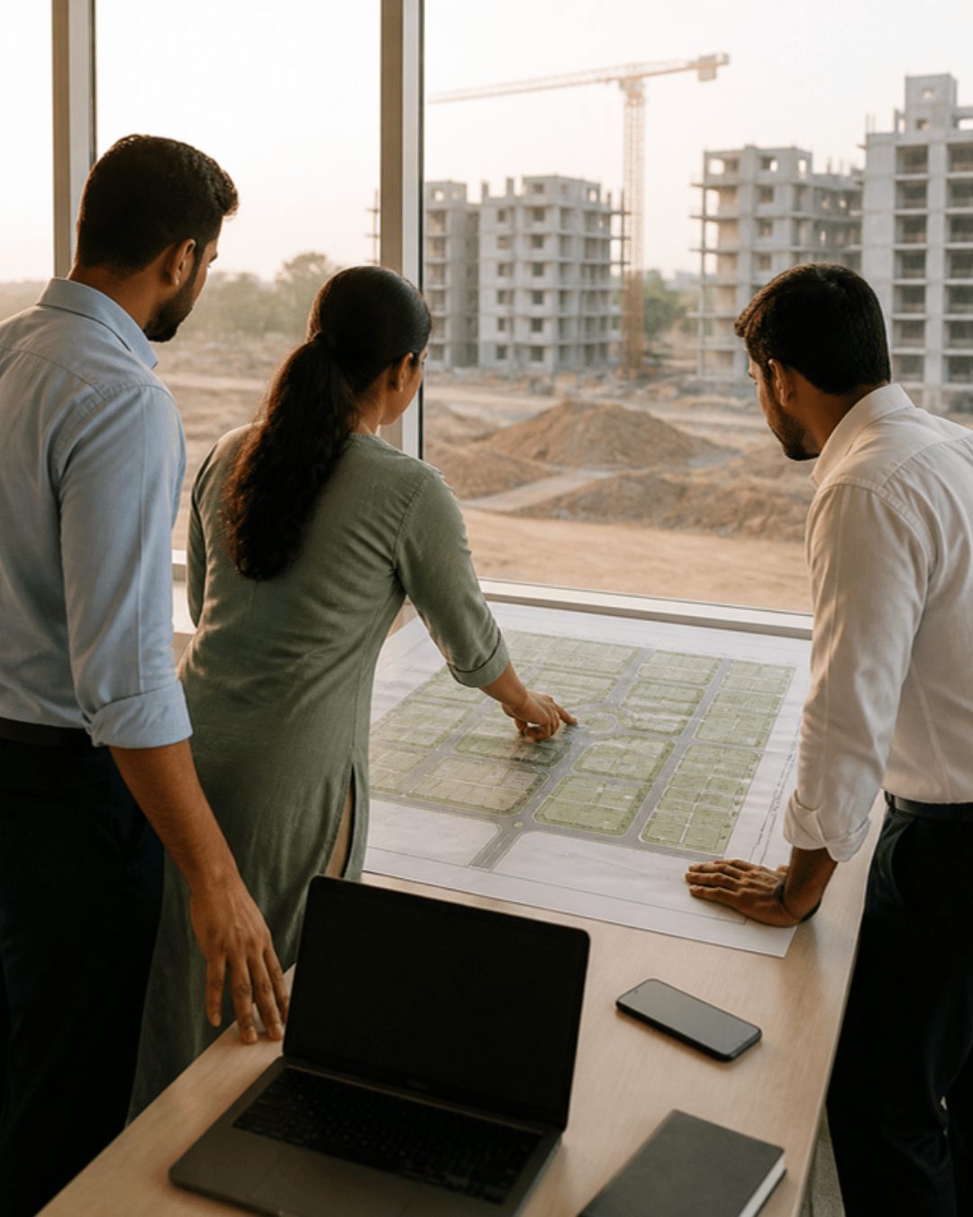 Real estate marketing agency Hyderabad team reviewing a project layout at a builder's site office