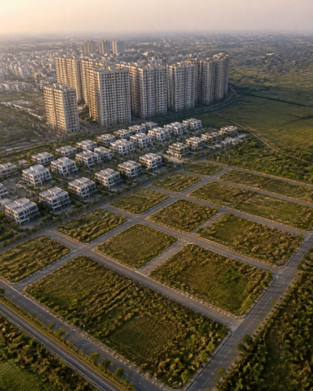Real estate marketing by project type in Hyderabad: plots, villas and towers in one aerial view
