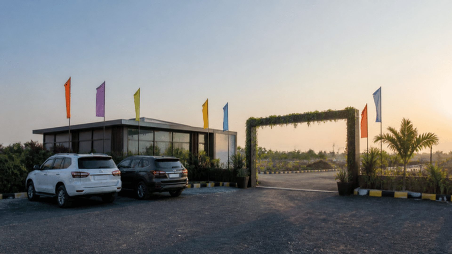 Project site office with flags at a Hyderabad venture, a different marketing playbook for each project type