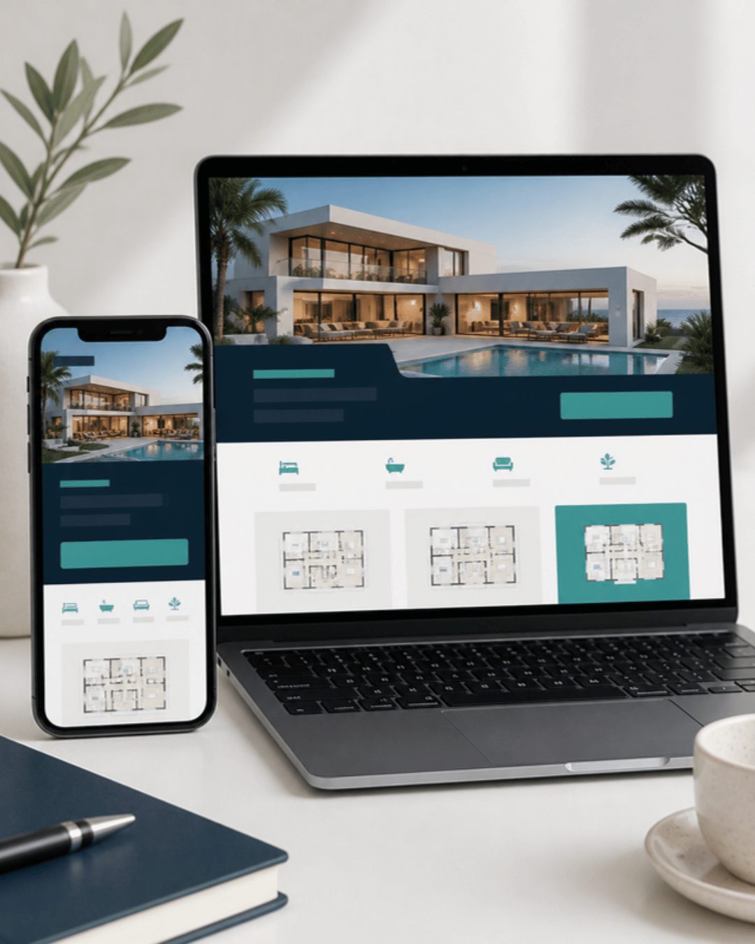 Real estate website landing page development: mobile-first project page with floor plans