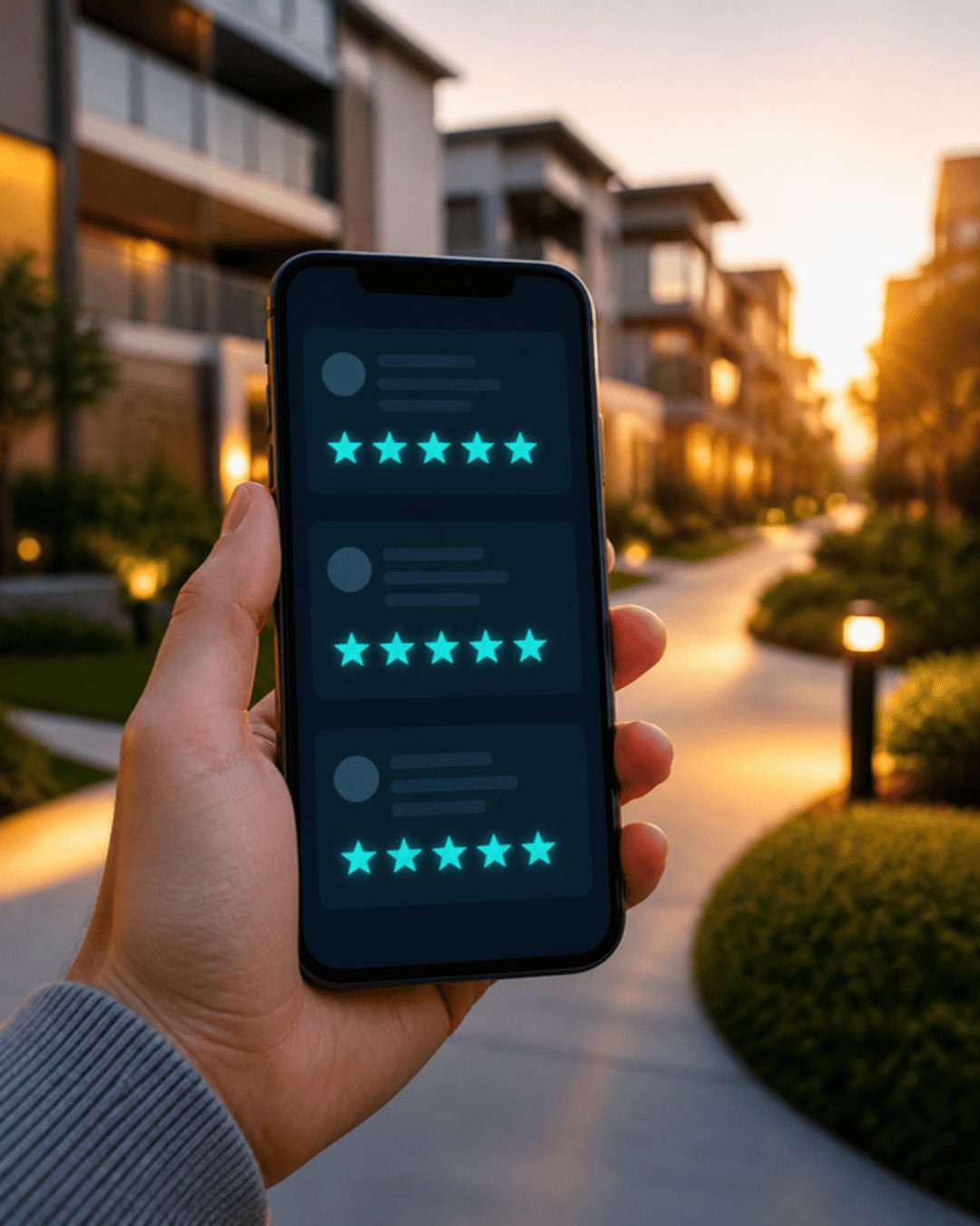 Reputation and review management for builders in Hyderabad: five-star Google reviews on a phone