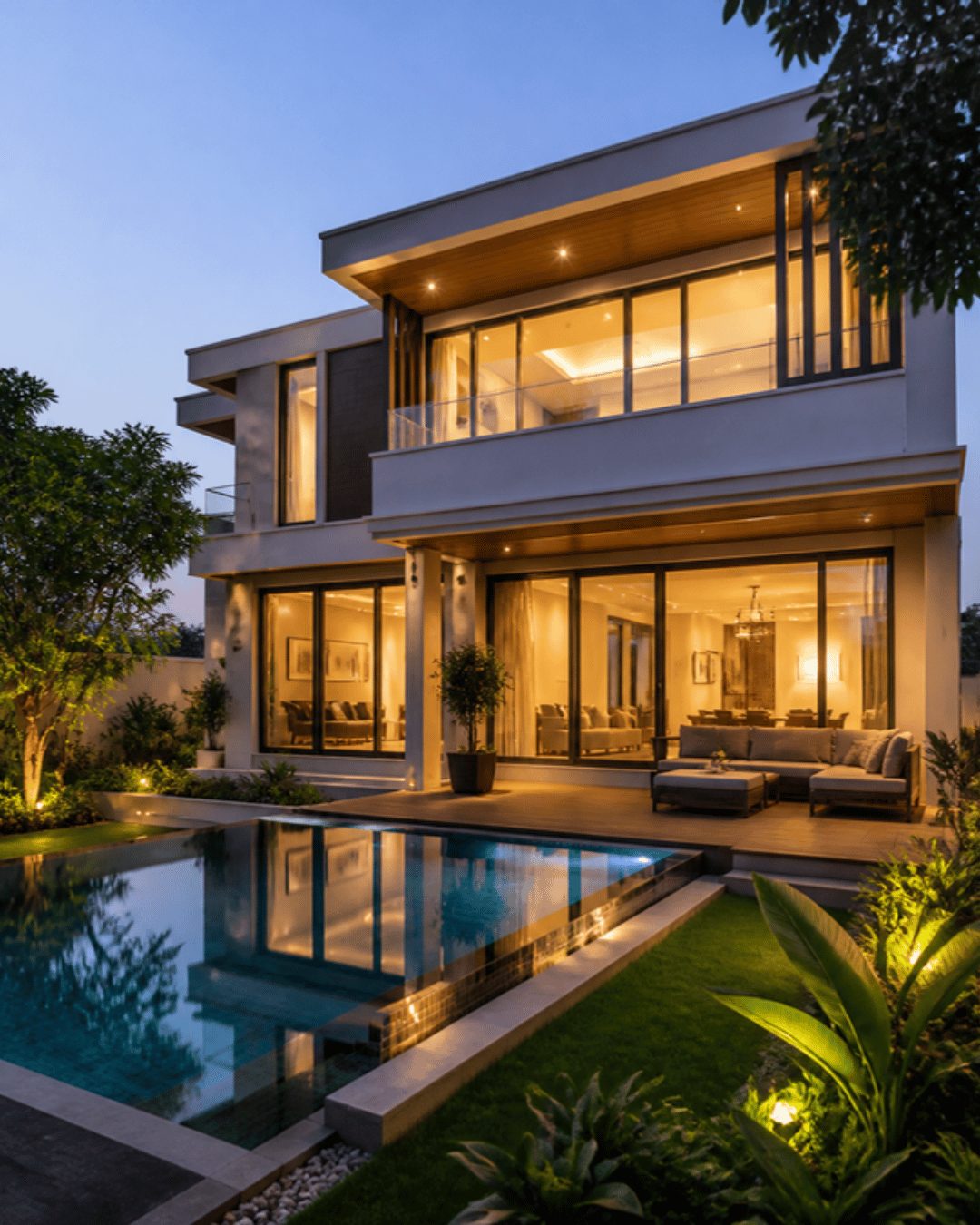 Villa and luxury project marketing in Hyderabad: premium villa with pool at evening